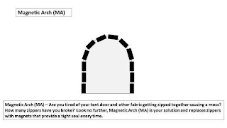 MAGNETIC ARCH (MA) MAGNETIC ARCH (MA) - ARE YOU TIRED OF YOUR TENT DOOR AND OTHER FABRIC GETTING ZIPPED TOGETHER CAUSING A MESS? HOW MANY ZIPPERS HAVE YOU BROKE? LOOK NO FURTHER, MAGNETIC ARCH (MA) IS YOUR SOLUTION AND REPLACES ZIPPERS WITH MAGNETS THAT PROVIDE A TIGHT SEAL EVERY TIME.