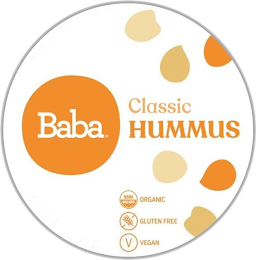 BABA CLASSIC HUMMUS, USDA ORGANIC GLUTEN FREE AND VEGAN WITH ASSOCIATED SYMBOLS OR MARKS