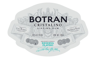 BOTRAN CRISTALINO SIPPING RUM CASA BOTRAN PREMIUM RUM 40% ALC. BY VOL. CONT. NET. 700ML ANEJAMIENTO DINAMICO RESERVA PLATINO BOTRAN MERINO MIEL VIRGEN DE CAÑA D.O.P.  FERMENTACION CON LEVADURA DE PIÑA SISTEMA SOLERA RON AÑEJO AN MERINO HERMANOS FI