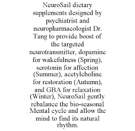 NEUROSAIL DIETARY SUPPLEMENTS DESIGNED BY PSYCHIATRIST AND NEUROPHARMACOLOGIST DR. TANG TO PROVIDE BOOST OF THE TARGETED NEUROTRANSMITTER, DOPAMINE FOR WAKEFULNESS (SPRING), SEROTONIN FOR AFFECTION (SUMMER), ACETYLCHOLINE FOR RESTORATION (AUTUMN), AND GBA FOR RELAXATION (WINTER), NEUROSAIL GENTLY REBALANCE THE BIO-SEASONAL MENTAL CYCLE AND ALLOW THE MIND TO FIND ITS NATURAL RHYTHM.