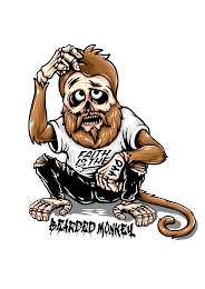 BEARDED MONKEY 440. MONKEY WITH A BEARD. 440 ON THE HAND OF MONKEY. WEARING SHIRT AND JEANS.