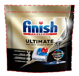 FINISH POWERBALL ULTIMATE OUR BEST CLEAN & SHINE ULTIMATE CLEAN 1 TACKLES BURNT-ON STAINS 2 REMOVES 24HR DRIED-ON STAINS 3 DIAMOND SHINE 4 CYCLESYNC RIGHT INGREDIENT RIGHT TIME