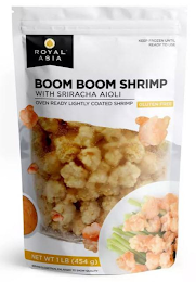 ROYAL ASIA KEEP FROZEN UNTIL READY TO USE BOOM BOOM SHRIMP WITH SRIRACHA AIOLI OVEN READY LIGHTLY COATED SHRIMP GLUTEN FREE NET WT 1 LB (454 G) SERVING SUGGESTION, ENLARGED TO SHOW QUALITY