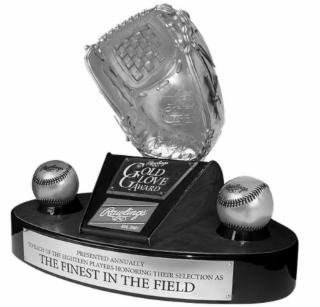 RAWLINGS R GOLD GLOVE AWARD RAWLINGS R RAWLINGS R GOLD GLOVE AWARD RAWLINGS R EST. 1887 RAWLINGS R RAWLINGS R PRESENTED ANNUALLY TO EACH OF THE EIGHTEEN PLAYERS HONORING THEIR SELECTION AS THE FINEST IN THE FIELD