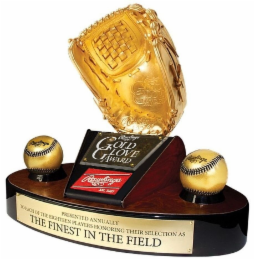 "RAWLINGS" "R" "GOLD GLOVE AWARD" "RAWLINGS" "R" "RAWLINGS" "R" "GOLD GLOVE AWARD" "RAWLINGS" "R" "EST. 1887" "RAWLINGS" "R" "RAWLINGS" "R" "PRESENTED ANNUALLY TO EACH OF THE EIGHTEEN PLAYERS HONORING THEIR SELECTION AS THE FINEST IN THE FIELD"