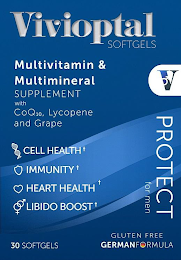 VIVIOPTAL SOFTGELS V PROTECT FOR MEN MULTIVITAMIN & MULTIMINERAL SUPPLEMENT WITH COQ10, LYCOPENE AND GRAPE CELL HEALTH IMMUNITY HEART HEALTH LIBIDO BOOST 60 SOFTGELS GLUTEN FREE GERMANFORMULA