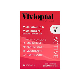 VIVIOPTAL SOFTGELS V ACTIVE MULTIVITAMIN & MULTIMINERAL DIETARY SUPPLEMENT WITH GINSENG & OMEGA 3 ENERGY BOOST+ MENTAL FOCUS+ VISION HEALTH+ HEART HEALTH+ 90 SOFTGELS GLUTEN FREE GERMANFORMULA