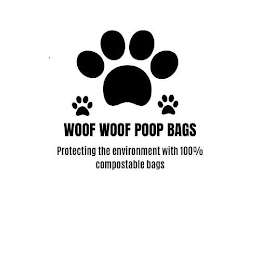 WOOF WOOF POOP BAGS PROTECTING THE ENVIRONMENT WITH 100% COMPOSTABLE BAGS