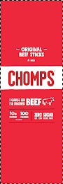 ORIGINAL - BEEF STICKS MILD CHOMPS MADE WITH GRASS FED & FINISHED BEEF 10 G PROTEIN 100 CALORIES PER SERVING ZERO SUGAR NOT A LOW CALORIE SNACK 10 STICKS - 1.15 OZ EA. NET WT. 11.5 OZ (320G)