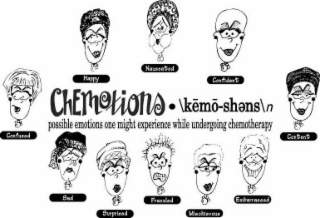 CHEMOTIONS ? \K?M?-SHEN\N POSSIBLE EMOTIONS ONE MIGHT EXPERIENCE WHILE UNDERGOING CHEMOTHERAPY HAPPY NAUSEATED CONFIDENT CONTENT EMBARRASSED MISCHIEVOUS FRAZZLED SURPRISED SAD CONFUSED