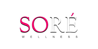 SORE, "SO" IN WRITTEN PINK AND "RE" WRITTEN IN WHITE AND AN ACUTE ACCENT ABOVE E IN PINK, AND WELLNESS WRITTEN UNDER SORE IN BLACK