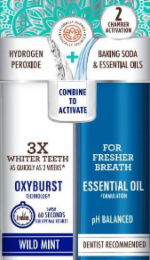 GLOBALLY FARMED · ETHICALLY SOURCED 2 CHAMBER ACTIVATION HYDROGEN PEROXIDE + BAKING SODA & ESSENTIAL OILS COMBINE TO ACTIVATE 3X WHITER TEETH AS QUICKLY AS 2 WEEKS* OXYBURST TECHNOLOGY SWISH 60 SECONDS FOR OPTIMAL RESULTS 1 MIN FOR FRESHER BREATH ESSENTIAL OIL FORMULATION PH BALANCED WILD MINT DENTIST RECOMMENDED