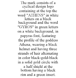 THE MARK CONSISTS OF A CYCLICAL DESIGN LOGO CONTAINING AT THE TOP THE WORD "ATHENS" IN WHITE LETTERS ON A BLACK BACKGROUND AND THE WORD "GYROS" IN GREEN LETTERS ON A WHITE BACKGROUND, IN PAPYRUS FONT, FEATURING THE PROFILE OF THE GODDESS ATHENA, WEARING A BLACK HELMET AND HAVING THREE STRANDS OF HAIR ALTERNATING IN COLOR BLACK-GOLD-BLACK IN A SOLID GOLD CIRCLE WITH A HALF SHIELD AT THE BOTTOM HAVING A BLACK RIM AND A GREEN INSERT.