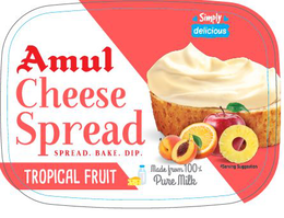 AMUL CHEESE SPREAD TROPICAL FRUIT SPREAD. BAKE. DIP. MADE FROM 100% PURE MILK SIMPLY DELICIOUS SERVING SUGGESTION