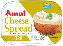 AMUL CHEESE SPREAD SPREAD. BAKE. DIP. JEERA MADE FROM 100% PURE MILK SIMPLY DELICIOUS SERVING SUGGESTION