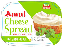 AMUL CHEESE SPREAD SPREAD. BAKE. DIP. OREGANO PICKLE MADE FROM 100% PURE MILK SIMPLY DELICIOUS *SERVING SUGGESTION