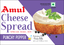 AMUL CHEESE SPREAD SPREAD. BAKE. DIP. PUNCHY PEPPER PROCESSED CHEESE SPREAD VEGETARIAN MADE FROM 100% PURE MILK %100 SERVING SUGGESTION
