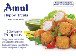 AMUL HAPPY TREATS READY TO COOK & SERVE MADE WITH AMUL PRODUCTS FABRIQUE AVEC DES PRODUITS AMUL CHEESE POPPONS POISSONS AU FROMAGE CRISPY CHEESE BALLS STUFFED WITH VEGETABLES AND SPICES BOULES DE FROMAGE CROUSTILLANTES FARCIES DE LEGUMES ET D'EPICES NET WEIGHT 10.58 OZ (300 G) INCLUDING SAUCE 1.41 OZ 13 PIECES