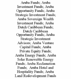 ARUBA FUNDS; ARUBA INVESTMENT FUNDS; ARUBA OPPORTUNITY FUNDS; ARUBA STRATEGIC INVESTMENT FUNDS; ARUBA SOVEREIGN WEALTH INVESTMENT FUNDS; ARUBA DUTCH CARIBBEAN FUNDS; DUTCH CARIBBEAN OPPORTUNITY FUNDS; ARUBA STRATEGIC INVESTMENT ADVISORS; ARUBA VENTURE CAPITAL FUNDS; ARUBA PRIVATE EQUITY FUNDS; ARUBA ENERGY FUNDS; ARUBA SOLAR RENEWABLE ENERGY FUNDS; ARUBA RECLAMATION FUNDS;  ARUBA HOTEL AND HOSPITALITY FUNDS; ARUBA LAND REDEVELOPMENT FUNDS