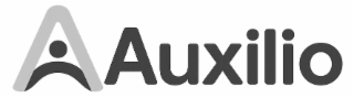 THE WORD 'AUXILIO' IN A SANS SERIF FONT, WITH A STYLIZED 'A' TO THE LEFT: A CURVED 'A' CROSSBAR, WITH A FILLED CIRCLE (OR DOT) IN THE MIDDLE OF THE SYTLIZED A, TO RESEMBLE A HUMAN FIGURE WITH OPEN ARMS (DOT IS THE HEAD AND CURVED CROSS-BAR IS THE ARMS.