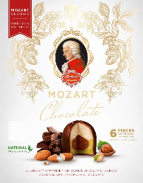 MOZART CLASSIC FREE FROM PALMOIL REBER SPECIALTIES MOZART CHOCOLATE 6 PIECES OF FILLED CHOCOLATE NET. WT. 4.2OZ (120G) NATURAL INGREDIENTS A CREAMY SYMPHONY OF ALMONDS AND PISTACHIOS COVERED WITH PREMIUM CHOCOLATE