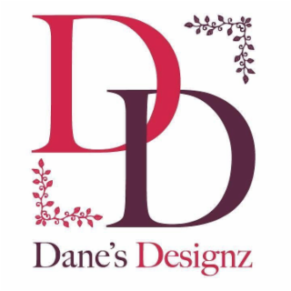 THE MARK CONSISTS OF A STYLIZED OVERLAPPING CAPITAL LETTER “D” IN SHADES OF RED AND PINK LAYERED OVER A STYLIZED CAPITAL LETTER “D” IN BURGUNDY, WITH DECORATIVE FLORAL VINE ELEMENTS POSITIONED IN THE UPPER RIGHT AND LOWER LEFT CORNERS. BENEATH THE DESIGN APPEARS THE WORDING “DANE’S DESIGNZ” IN STYLIZED LETTERING.