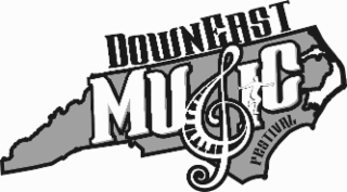 THE MARK CONSISTS OF THE WORD DOWNEAST IN DARK BLUE ABOVE A DEPICTION OF THE STATE OF NORTH CAROLINA, OUTLINED IN DARK BLUE AND COLORED IN CYAN AND A WHITE PORTION TO THE RIGHT. THE WORD MUSIC IS WRITTEN ACROSS THE STATE IN WHITE, OUTLINED IN DARK BLUE AND CYAN, WITH THE LETTER S FEATURING A DESIGN OF A TREBLE CLEF/PIANO KEYBOARD HYBRID ELEMENT, AND THE DEPICTION OF A SILHOUETTE OF A PERSON NEXT TO IT IN WHITE, OUTLINED IN DARK BLUE. THE WORD FESTIVAL APPEARS IN THE BOTTOM RIGHT OF THE STATE IN DARK BLUE.