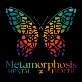 THE WORD "METAMORPHOSIS" ABOVE THE WORDS "MENTAL HEALTH" WITH THE SYMBOL 'X' OR A FOUR-LEAF CLOVER SHAPE IN BETWEEN THE WORDS "MENTAL" AND "HEALTH"