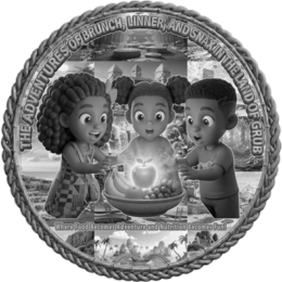 THE TITLE "THE ADVENTURES OF BRUNCH, LINNER, AND SNAX IN THE LAND OF GRUB" CURVES ALONG THE TOP ARC AND THE TAGLINE "WHERE FOOD BECOMES ADVENTURE AND NUTRITION BECOMES FUN!" IS POSITIONED ABOVE THE BOTTOM ARC.