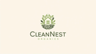 CLEANNEST ORGANICS, A HOUSE SURROUNDED BY GREEN LEAVES AND A BIRDS NEST UNDERNEATH.