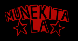 MUNEKITA LA DRAWN IN RED WITH THE LETTERS GETTING PROGRESSIVELY LARGER TOWARDS THE MIDDLE, WITH STARS ON SIDE OF LA