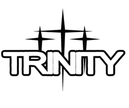 THE TERM TRINITY IN FRONT OF THREE STYLIZED CROSSES.