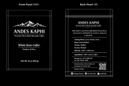 FRONT PANEL (PDP)ANDES KAPHIPERUVIAN MICRO-BATCH SPECIALTY COFFEEWHOLE BEAN COFFEEBACK PANEL (IP)ANDES KAPHIPERUVIAN MICRO-BATCH SPECIALTY COFFEEANDES KAPHI IS SOURCED FROM HIGH-ALTITUDE PERUVIAN FARMS AND ROASTED IN SMALL BATCHES FOR SWEETNESS, CLARITY, AND A CLEAN FINISH.DISTRIBUTED BY: ERIE & ANDES LLCCLEVELAND, OH 44256 USAPRODUCT OF PERUNITROGEN FLUSHEDONE-WAY VALVESMALL BATCH