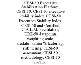 CESI-50 EXECUTIVE STABILIZATION PLATFORM, CESI-50, CESI-50 EXECUTIVE STABILITY INDEX, CESI-50 EXECUTIVE STABILITY INDEX, CESI-50 AND CERTIFIED C.A.L.M. FACILITATORS, CESI-50 DATAPOINTS, WEIGHTING SCALE, DESTABILIZATION % FACTORING, RISK TIERING, CESI-50 ASSESSMENT, CESI-50 METHODOLOGY, CESI-50 METHOD