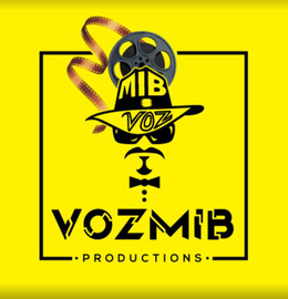 THE MARK CONSISTS OF A STYLIZED DESIGN FEATURING A FILM REEL WITH A CURVED FILM STRIP EXTENDING FROM IT. BENEATH THE FILM REEL IS A STYLIZED HAT CONTAINING THE WORDING “MIB”, AND THE WORDING “VOZ” APPEARS ACROSS THE FRONT OF THE HAT. BELOW THE HAT IS A STYLIZED FACE DESIGN CONSISTING OF SUNGLASSES, A MUSTACHE, AND A SMALL BEARD. A BOW TIE WITH THREE SMALL CIRCULAR DOTS APPEARS BENEATH THE FACE. THE WORDING “VOZMIB” APPEARS BELOW THE DESIGN IN STYLIZED LETTERING, AND THE WORDING “PRODUCTIONS” APPEARS UNDERNEATH IT. ALL ELEMENTS APPEAR WITHIN A SQUARE BORDER.