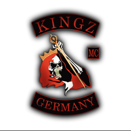 THE MARK CONSISTS OF A STYLIZED SKELETON REAPER WEARING A RED HOODED CLOAK WITH BLACK INTERIOR LINING AND BLACK AND GREY SHADING. THE SKELETON'S SKULL AND HAND BONES ARE WHITE WITH GREY AND BLACK SHADING. A GOLD CROWN WITH FOUR POINTS SITS ATOP THE SKULL, AND THE REAPER HOLDS A GOLD SCEPTER. ABOVE THE REAPER IS THE WORD KINGZ IN RED WITH A BLACK BORDER. TO THE RIGHT OF THE REAPER IS A BLACK SQUARE CONTAINING THE LETTERS MC IN RED. BELOW THE REAPER IS A BLACK CURVED BANNER CONTAINING THE WORD GERMANY IN RED. THE ENTIRE MARK IS SET AGAINST A WHITE BACKGROUND."