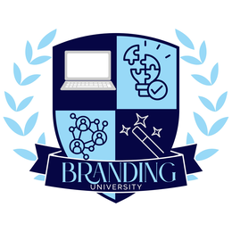 BRANDING UNIVERSITYTHE MARK CONSISTS OF A SHIELD DESIGN DIVIDED INTO FOUR QUADRANTS SURROUNDED BY A LIGHT BLUE LAUREL WREATH.THE SHIELD IS PRIMARILY NAVY BLUE AND LIGHT BLUE.THE UPPER LEFT QUADRANT FEATURES A GRAY LAPTOP WITH WHITE KEYBOARD AND SCREEN DETAILS ON A NAVY BLUE BACKGROUND.THE UPPER RIGHT QUADRANT CONTAINS A LIGHT BLUE BACKGROUND WITH A NAVY BLUE GLOBE/LIGHTBULB ICON AND CHECK MARK.THE LOWER LEFT QUADRANT FEATURES NETWORKED HUMAN FIGURES IN NAVY BLUE ON A LIGHT BLUE BACKGROUND.THE LOWER RIGHT QUADRANT CONTAINS A NAVY BLUE BACKGROUND WITH A WHITE MAGIC WAND AND STARS.A NAVY BLUE BANNER APPEARS ACROSS THE BOTTOM OF THE SHIELD CONTAINING THE WORDING “BRANDING UNIVERSITY” IN LIGHT BLUE AND WHITE LETTERING.THE SURROUNDING LAUREL LEAVES ARE LIGHT BLUE, AND THE REMAINING BACKGROUND AREA IS WHITE.