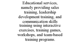 EDUCATIONAL SERVICES, NAMELY PROVIDING SALES TRAINING, LEADERSHIP DEVELOPMENT TRAINING, AND COMMUNICATION SKILLS TRAINING USING INTERACTIVE EXERCISES, TRAINING GAMES, WORKSHOPS, AND TEAM-BASED TRAINING PROGRAMS.