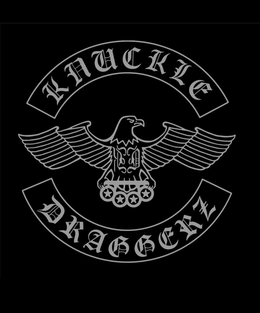 THE MARK CONSISTS OF TOP ROCKER WITH WORD "KNUCKLE" (OLD ENGLISH MODIFIED FONT) IN COLOR SILVER, RIGHT FACING EAGLE WITH LETTERS "KD" (OLD ENGLISH MODIFIED FONT)ON CHEST, CLUTCHING A KNUCKLE DUSTER WITH FOUR STARS IN COLOR SILVER, BOTTOM ROCKER WITH WORD DRAGGERZ (OLD ENGLISH MODIFIED FONT) COLOR SILVER, ON ALL BLACK BACKGROUND.