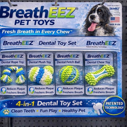 BREATHEEZ, PET TOYS, FRESH BREATH IN EVERY CHEW, BREATHEEZ DENTAL TOY SET, DENTAL ROPE TOY, DENTAL PLUSH TOY, DENTAL FETCH BALL, DENTAL CHEW TOY, REDUCES PLAQUE FRESHENS BREATH, 4-IN-1 DENTAL TOY SET, CLEAN TEETH FUN PLAY HEALTHY PET, PATENTED TECHNOLOGY, FROM THE MAKERS OF SKINEEZ, PATENT PENDING TECHNOLOGY, MADE IN USA