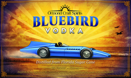 BLUEBIRD INSPIRED BY THE LEGENDARY BLUEBIRD LAND SPEED CAR THAT RACED ON THE SANDS OF ORMOND BEACH ORMOND CRAFT SPIRITS VODKA DISTILLED FROM FLORIDA SUGAR CANE 80 PROOF . 750 ML